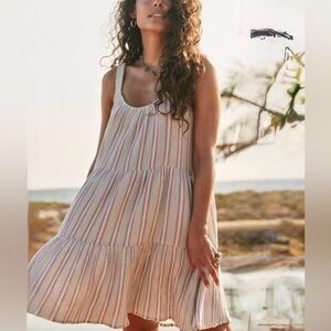MARINE LAYER Leila Double Cloth Tiered Minidress in Aqua Stripe NWOT Sz XS